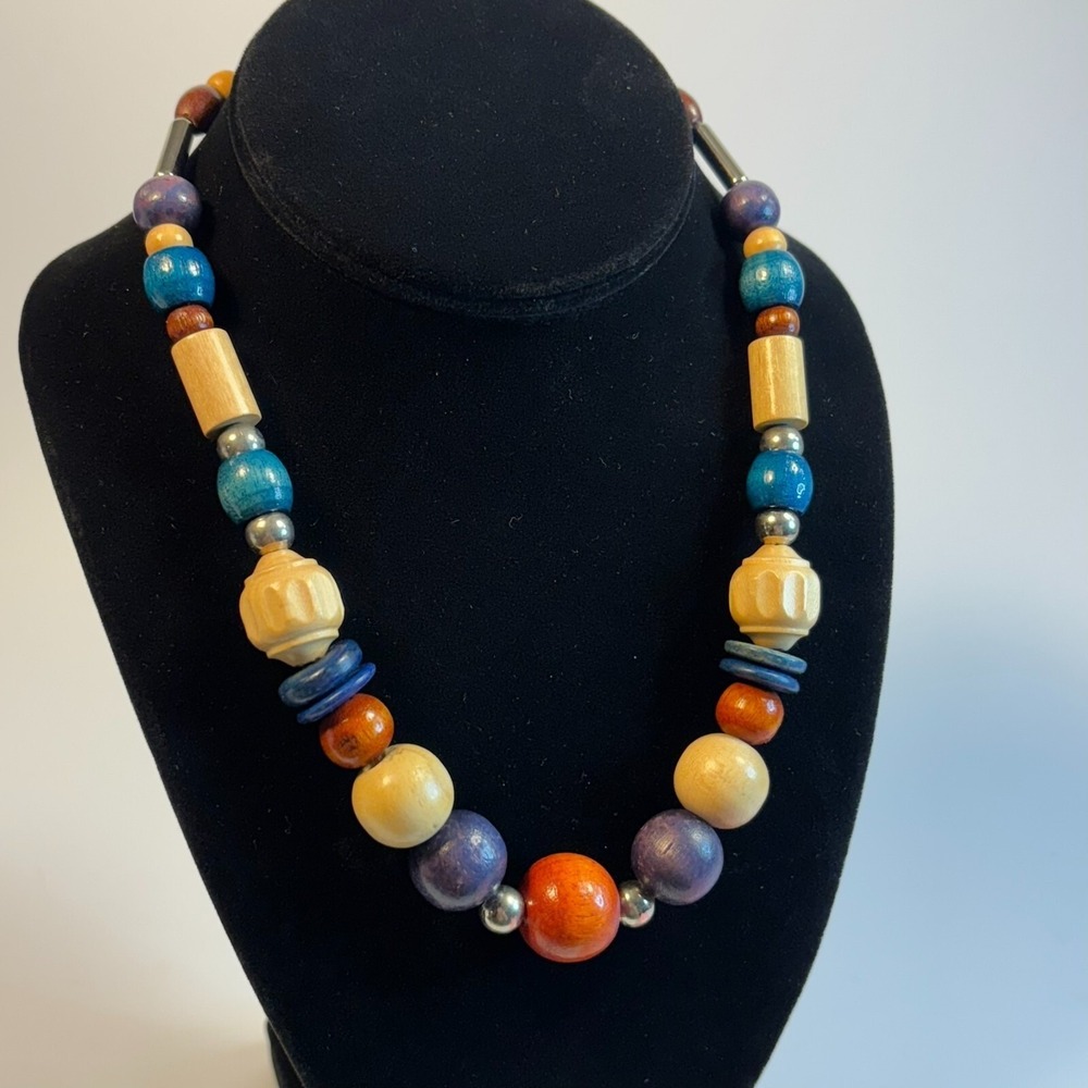 Beaded Necklace Multicolor Wood Boho Cottagecore Eclectic Statement Jewelry 18in